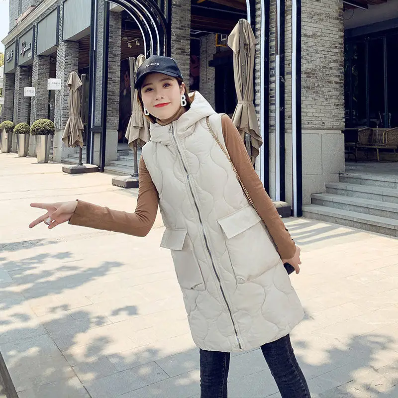 New fashion thicken warm cotton down vest women single button loose version long sleeveless coat women winter veste femme - Цвет: beige