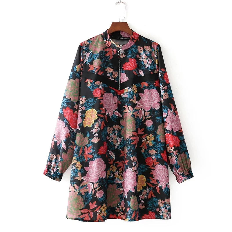 women cute floral pattern straight dress long sleeve stand collar zipper dresses ladies spring