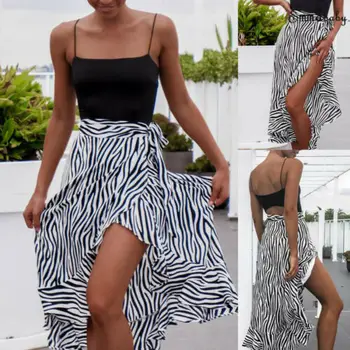 

2019 Women's Striped Long Skirt High Waist Bandage Slit Skirt Summer S-XL