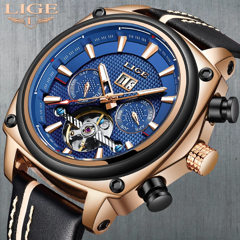 

LIGE 2019 New Watch Mens Automatic Mechanical Watches Tourbillon Fashion Sports Leather Waterproof Clock Relogio Masculino + Box