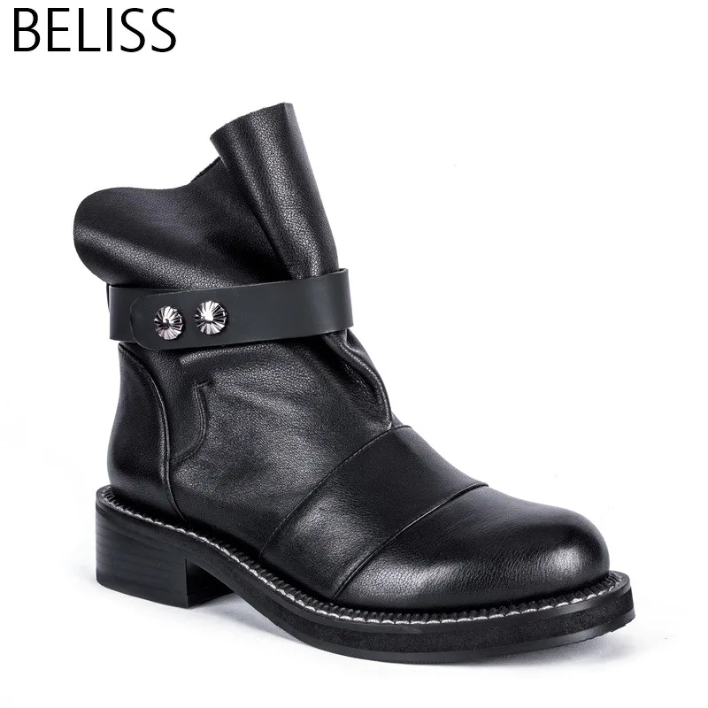 BELISS 2018 35-41 high quality ankle boots for women soft genuine leather round toe Shoes Female spring autumn rivet BAM139B Women's Shoes
