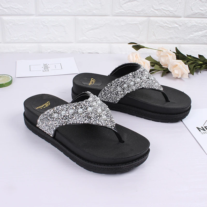 

Gold/silver glitter flipflops summer bling bling platform sandals woman thick bottom anti-skid slides girls beach cozy slippers