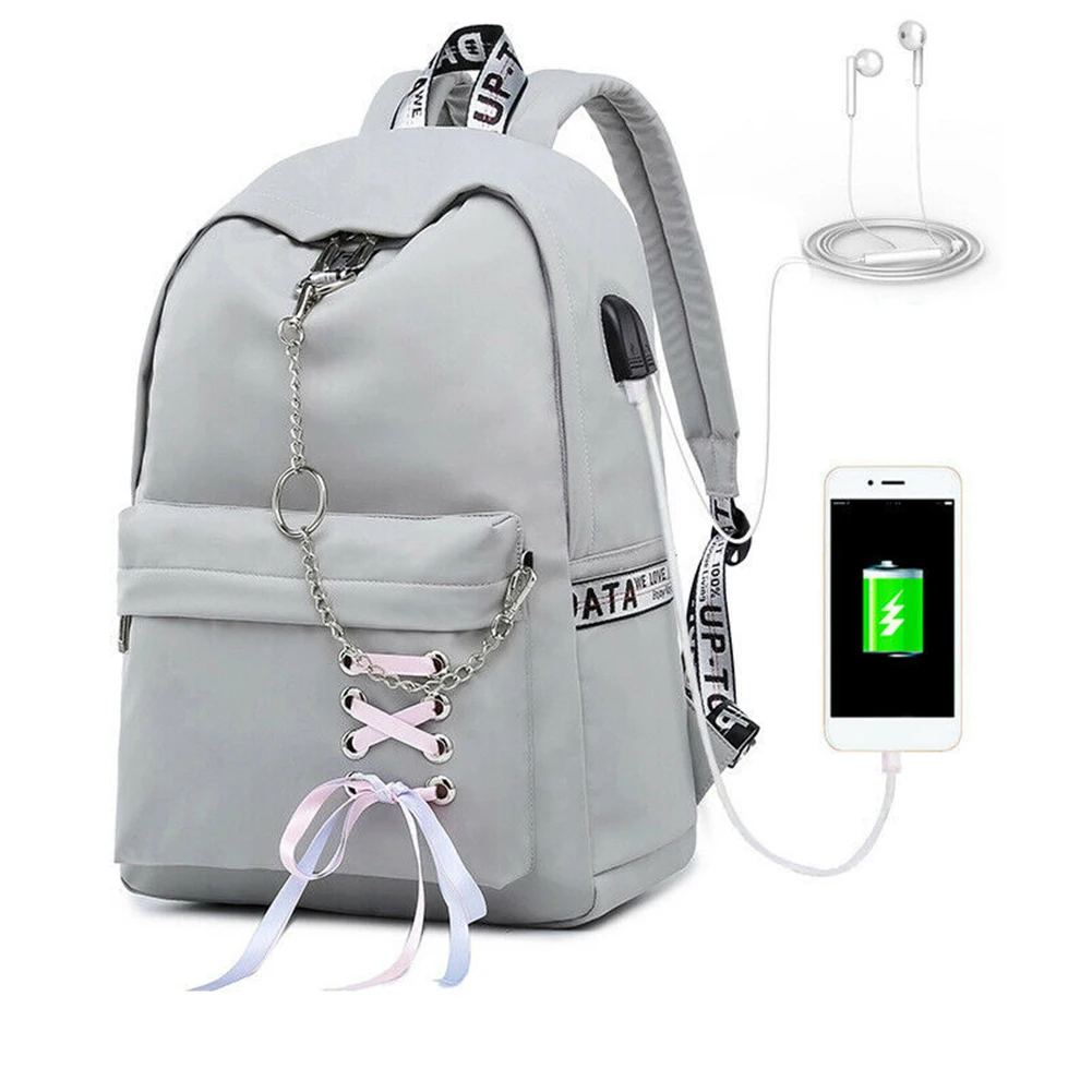 Gray Women Waterproof Backpack School Bags with USB Charging Port Travel Laptop Bag New - Color: Gray