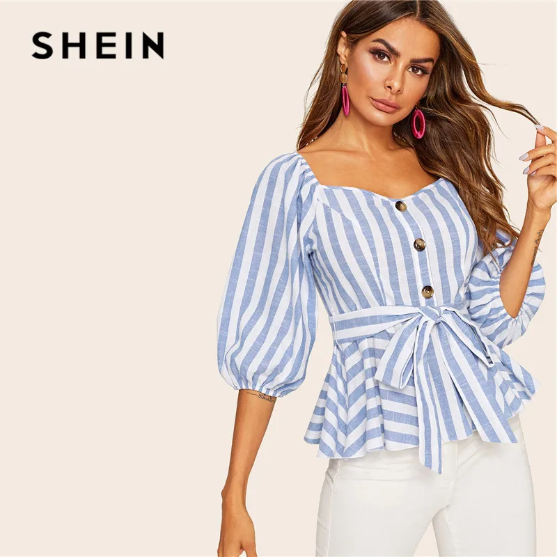 SHEIN Полосатая Блузка С Поясом И Оригинальным Рукавом Женская Летняя Элегантная Блузка С Оборками И Пуговицами