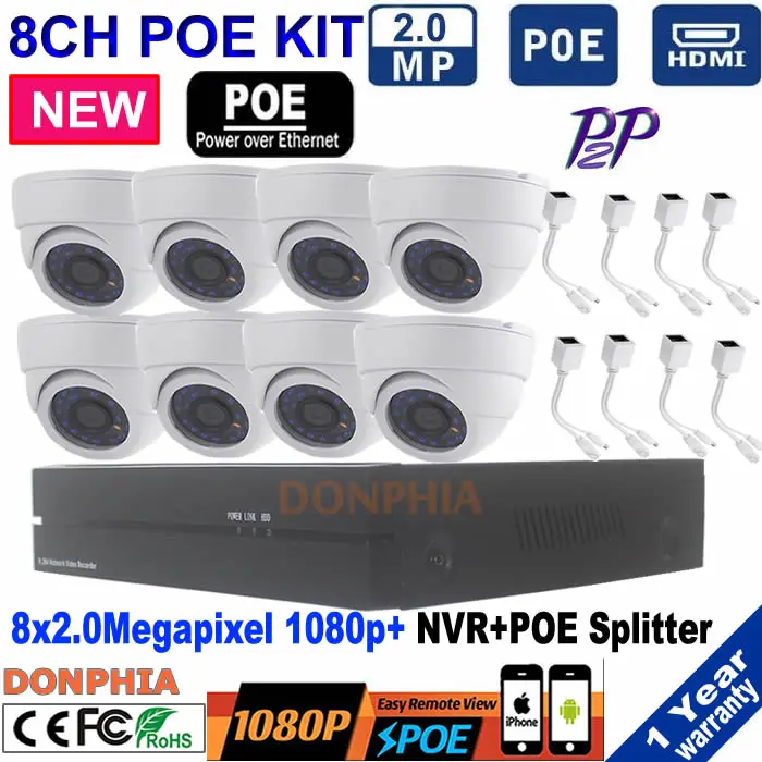 Power over Ethernet PoE CCTV Camera System 8 Channel 1080P NVR Network Video Recorder with 8pcs indoor Security Dome Cameras