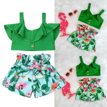 

2PCS Kids Baby Girls Clothes Outfits Summer Sleeveless T-shirt Ruffle Button Tops+Floral Shorts Toddler Girls Clothes Set