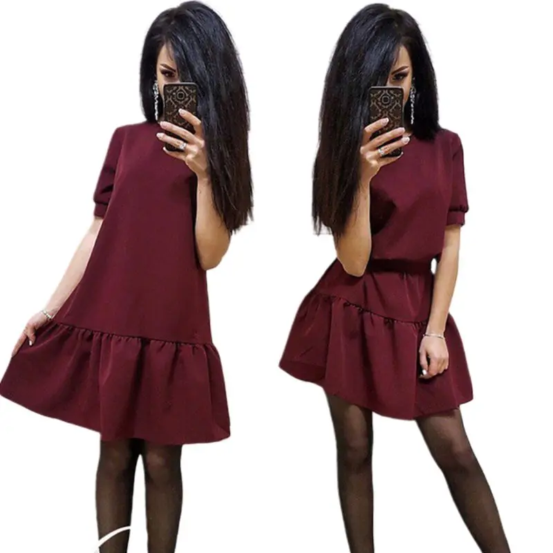 

Women Summer Short Sleeve Belt Midi A-Line Dress Casual Plain Solid Color Pleated Ruffle O-Neck Loose Beach Party Sundress S-2XL
