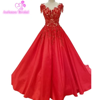 

2017 Red Ball Gown Evening Dresses O-Neck Lace Appliques Crystals Beaded Floor Length Evening Gowns New ArrivalParty Prom Dress