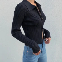 Короткий кардиган с пупком, длинный рукав, отложной воротник, свитер, новинка, женские осенние свитера на молнии в рубчик