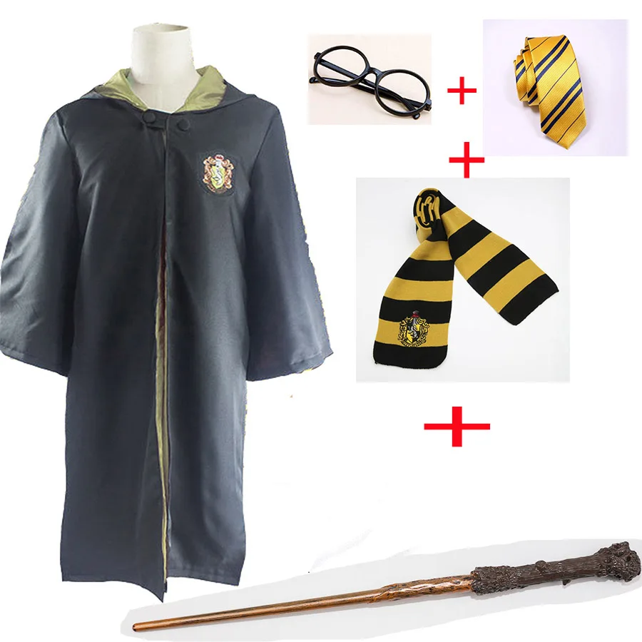 Поттер халат накидка плащ с галстуком шарф палочка очки Ravenclaw Гриффиндор Hufflepuff Слизерин Халат косплей подарок на Хэллоуин - Цвет: Hufflepuff set