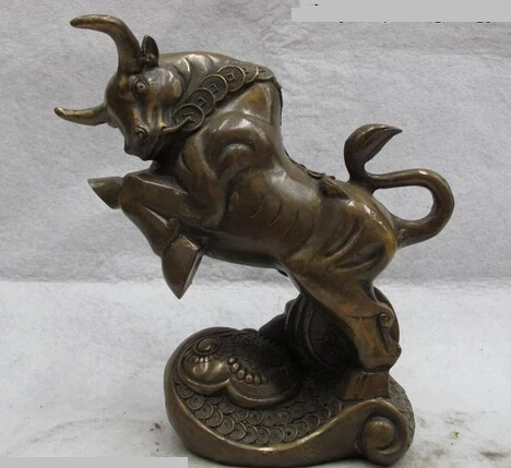 

RHS0240 China Classic Bronze Copper Home Feng Shui Lucky Coin Money rage OX Bull Statue