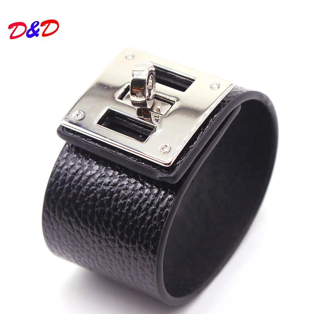 

D&D European Fashion Punk Wide circular silver Leather Bracelets & Bangles for Women Men Cuff Bracelet Statement Jewelry