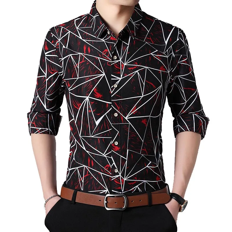 Мужская Осенняя коллекция, модная новинка, мужская хлопковая рубашка с длинным рукавом и геометрическим принтом, большие размеры, Camisa Social, 5XL 6XL 7XL