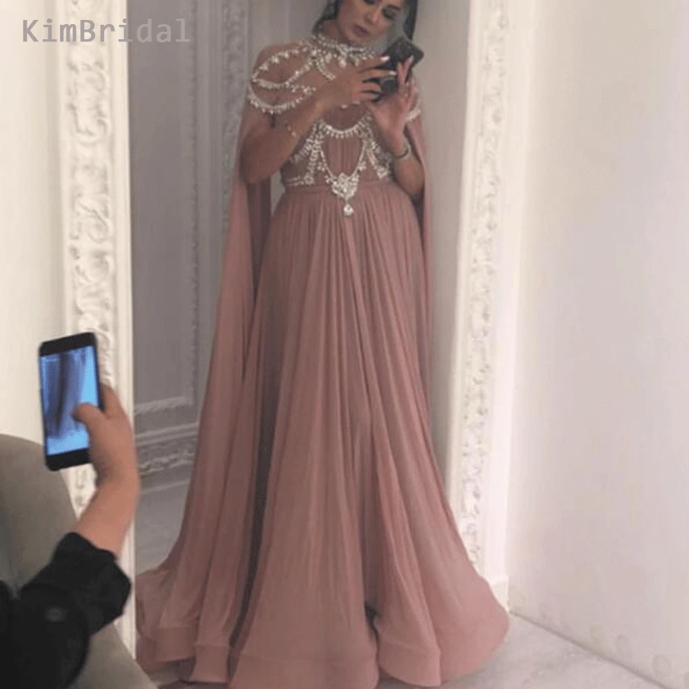

Robe De Soiree Plus Size Prom Dresses High Neck 2019 Crystals Beaded Dusty Pink Prom Gown Pregnant Formal Party Dresses