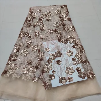 

2019 Latest African Lace Fabric High Quality Champagne Color African Voile Lace With 3D Sequins Tulle Lace 5 Yards