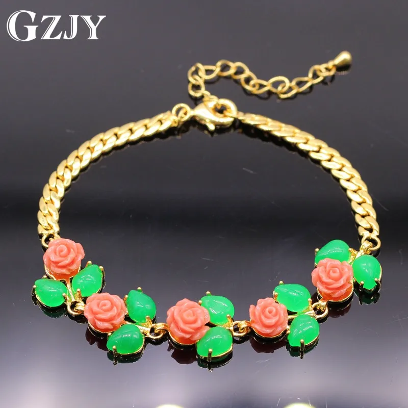

GZJY Unique Bracelet Yellow Gold Color Green Stone Coral Bracelet Bangles For Women Fashion Party Jewelry