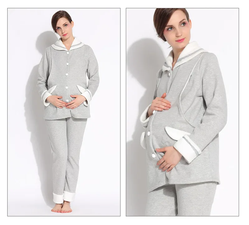 Грудное вскармливание пижамный комплект осень-зима для беременных бархат Костюмы толщиной беременных Для женщин пижамы кормящих пальто длинные штаны комплект