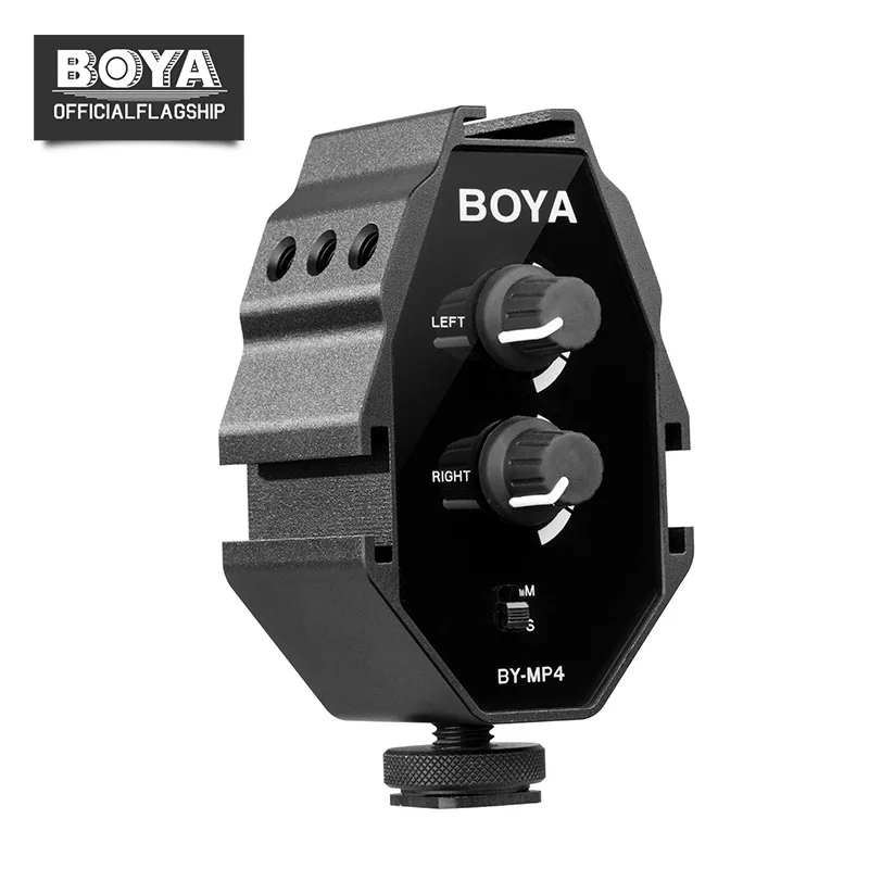 

BOYA 2-channel Audio Adapter + Mono and Stereo Switch Dual Mic Mounting for iPhone 8 Canon DSLR Camera Camcorder BY-MP4 Mic