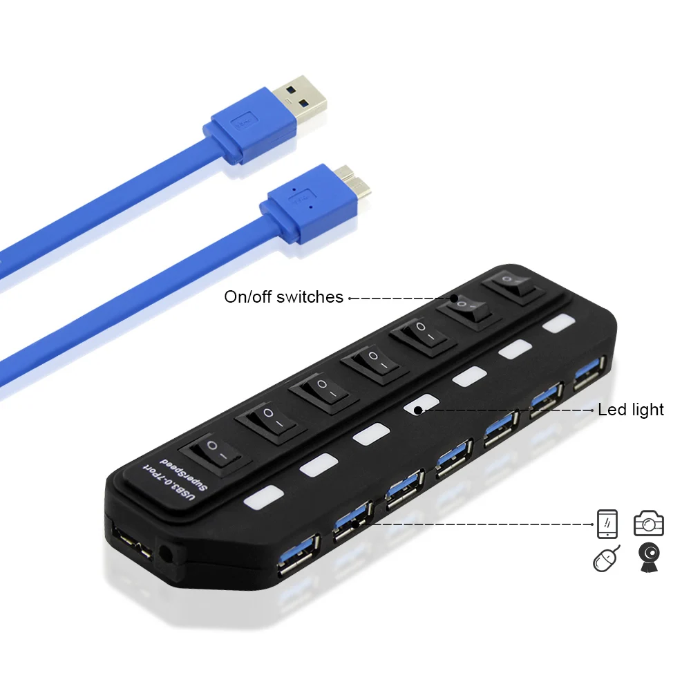 7-Port USB Hub 3.0 High Speed 5Gbps USB Splitter With AU/EU/UK/US Power Adapter On/Off Switch For PC Laptop Computer Accessories