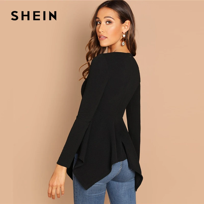SHEIN الأسود غير المتكافئة تنحنح Peplum المحملة أنيقة عادي طويلة الأكمام جولة الرقبة قمم النساء الخريف الحد الأدنى عمال تي شيرت