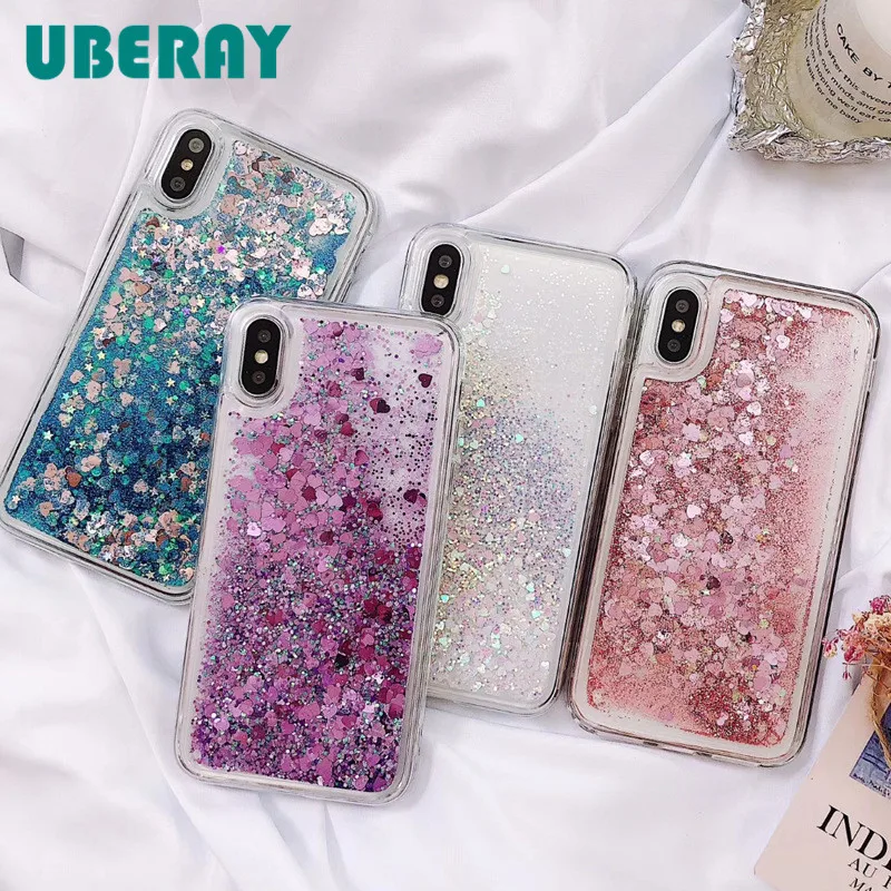 

UBERAY Quicksand Love heart Cover For iPhone X Case iPhone 7Plus Phone Case Luxury Case Clear TPU Coque For Samsung Note 9 Capa