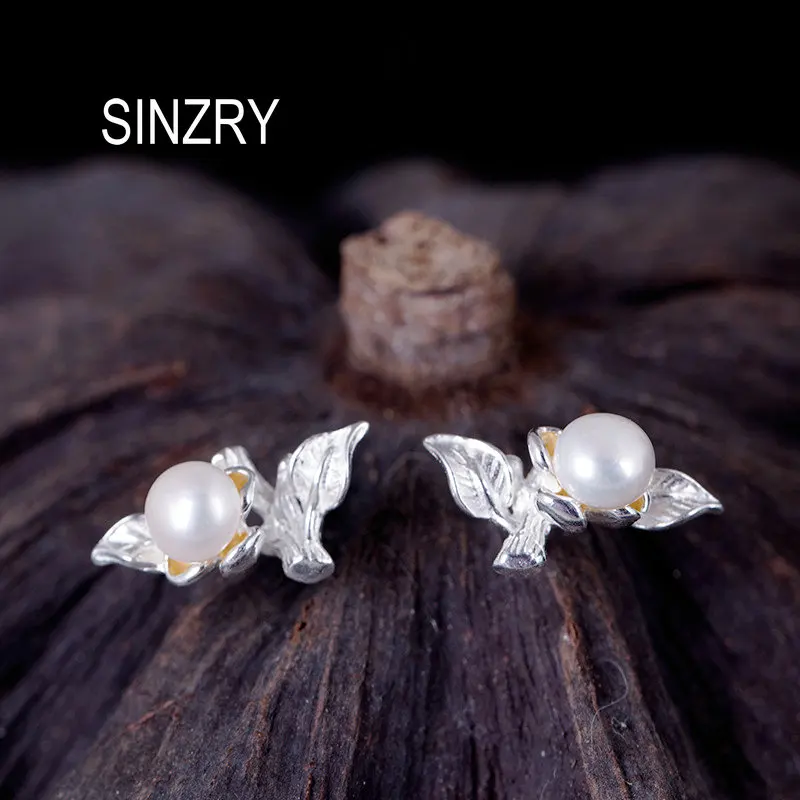 

Sinzry personality hangmade 925 sterling Silver natural pearl leaf retro stud Earrings Silver lovely ear pin lady Jewelry gift