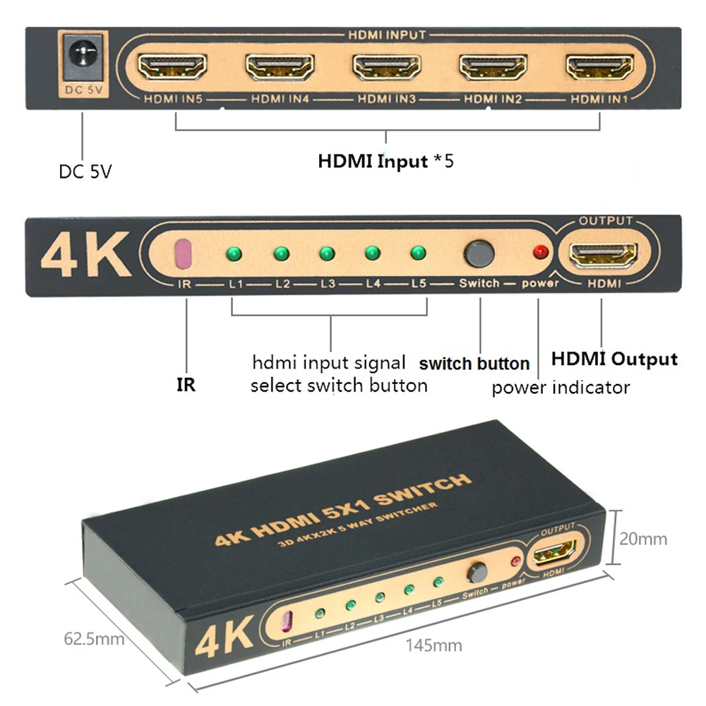 Aikexin 5 портов HDMI коммутатор 5x1 ИК пульт дистанционного управления Поддержка 1080P 4K x