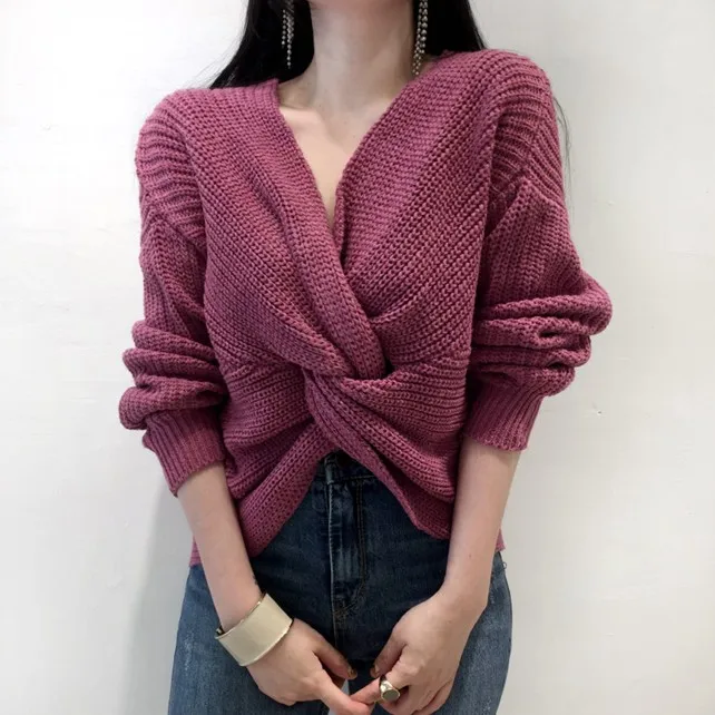 Ретро 4 цвета v образный вырез витая спина свитер женские джемперы Осенние Пуловеры повседневные топы с длинными рукавами трикотажные женские свитера|Водолазки|   | АлиЭкспресс