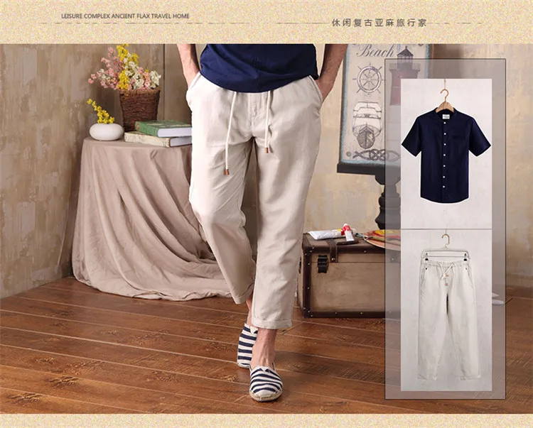 Cotton Linen Harem Pants Men Spring Thin Ankle-Length Elastic Waist Loose Pants Casual Big Size A5608