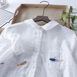 В горошек белая рыба вышивка хлопок 100% Рубашка с длинными рукавами Винтаж Блузка женская 2019 Весна