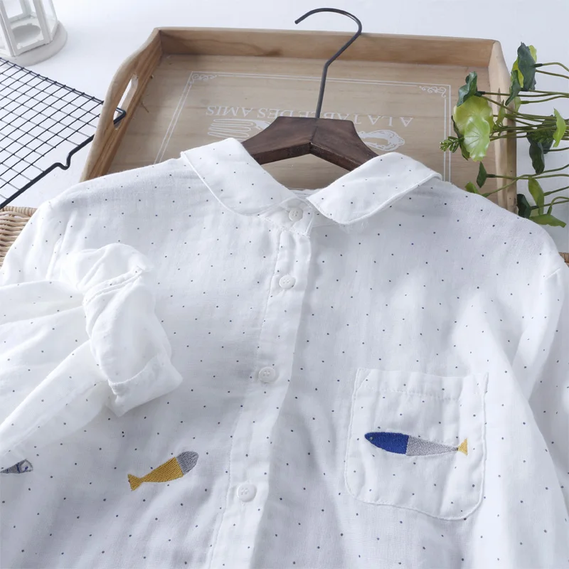 

polka dots white fish embroidery cotton 100% long sleeve shirt vintage blouse female 2019 spring