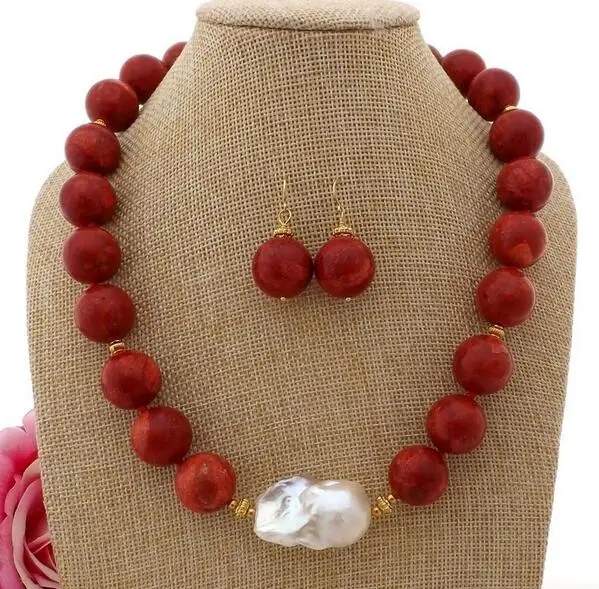 

Beautiful 20" 16mm Red Coral White Keshi Pearl Necklace Earrings Set