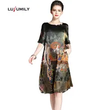 Lusumily Винтаж в этническом стиле с принтом; дизайнерское детское платье Для женщин Летняя шелковая, с коротким рукавом платья элегантные женские свободные платья с О-образным вырезом размера плюс