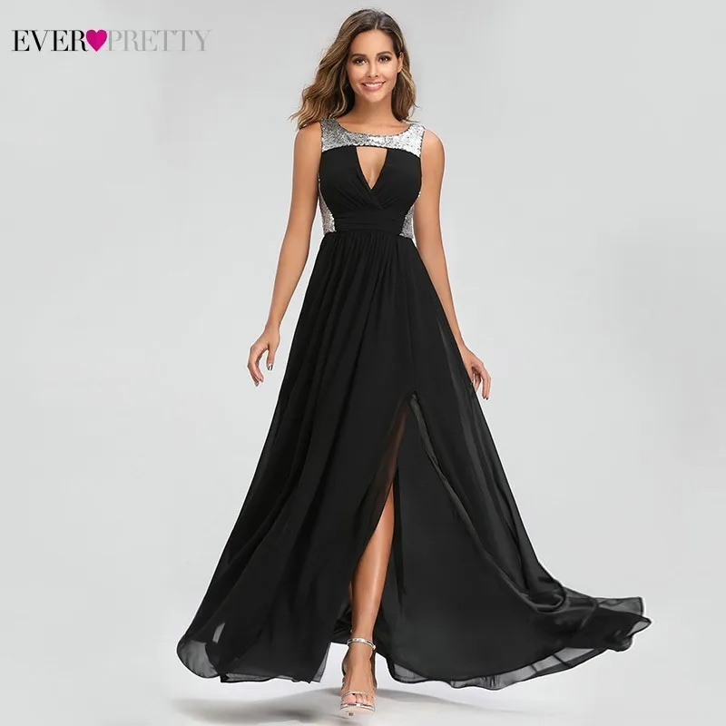 

Sexy Sequined Evening Dresses Ever Pretty EZ07631BK A-Line O-Neck Side Split Elegant Black Formal Party Dresses Dluga Sukienka
