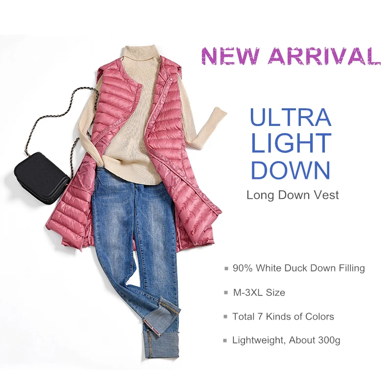 Autumn Winter Ultra Light Down Vest Women Windproof Sleeveless Lightweight Long Waistcoat Warm Fashion Female Vest Plus Size