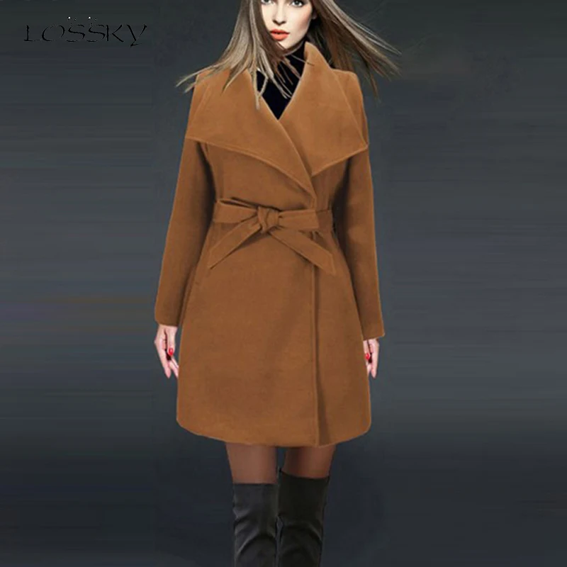 

Lossky Long Woolen Blend Coats Women Lapel Parka Autumn Winter Jackets Thicken Female Warm Overcoats With Belt Streetwear 2019
