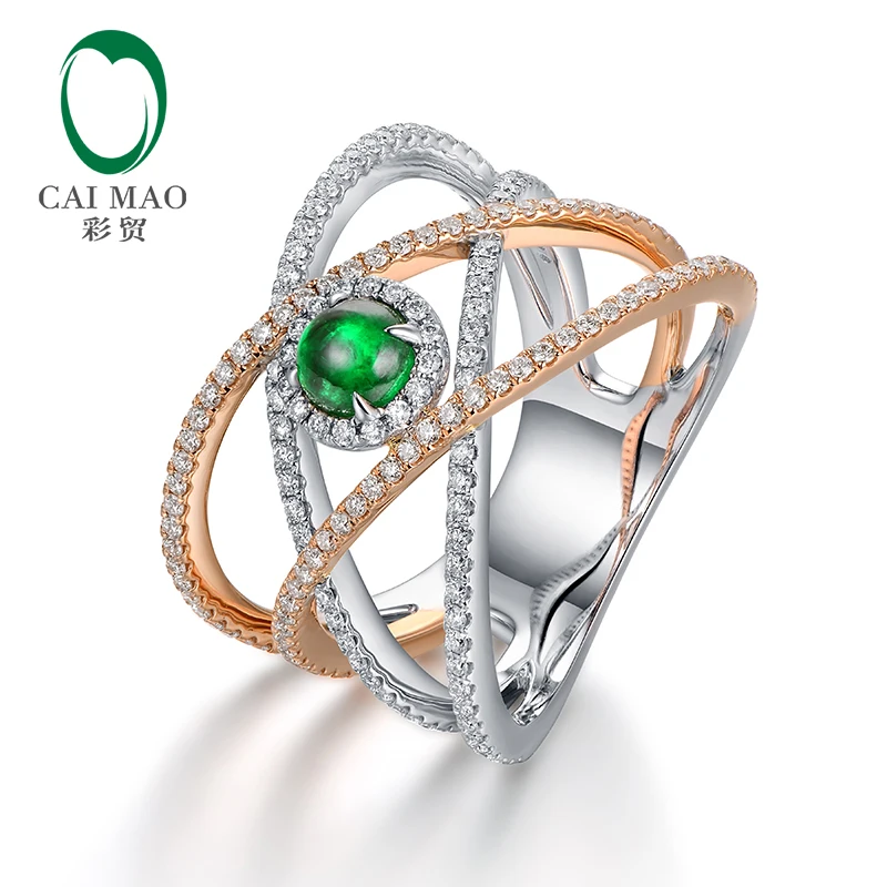 Caimao 0.45ct Natural Cabochon Emerald 14kt Two Tone Gold Full Cut Diamond Engagement Ring for Unisex Caimao 0.45ct Natural Cabochon Emerald 14kt Two Tone Gold Full Cut Diamond Engagement Ring for Unisex