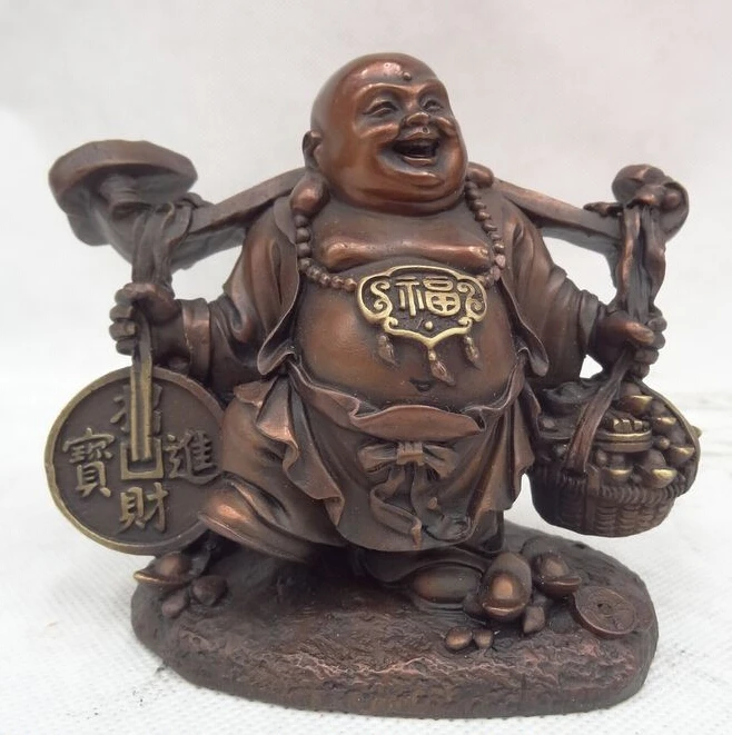 

China Pure Bronze RuYi Wealth YuanBao Coin Happy Laughing Maitreya Buddha Statue