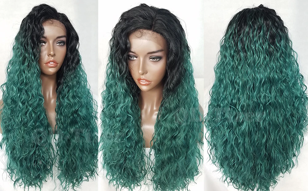 QD-Tizer Long Loose Curly Hair Two Tone Ombre Lace Front Wigs Glueless Green Color Synthetic Lace Front Wig for Women6