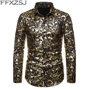 

Mens Casual Button Down Dress Shirts Slim Fit Long Sleeve Floral Bronzing Shirt Men Business Wedding Wear Shirts Chemise Homme