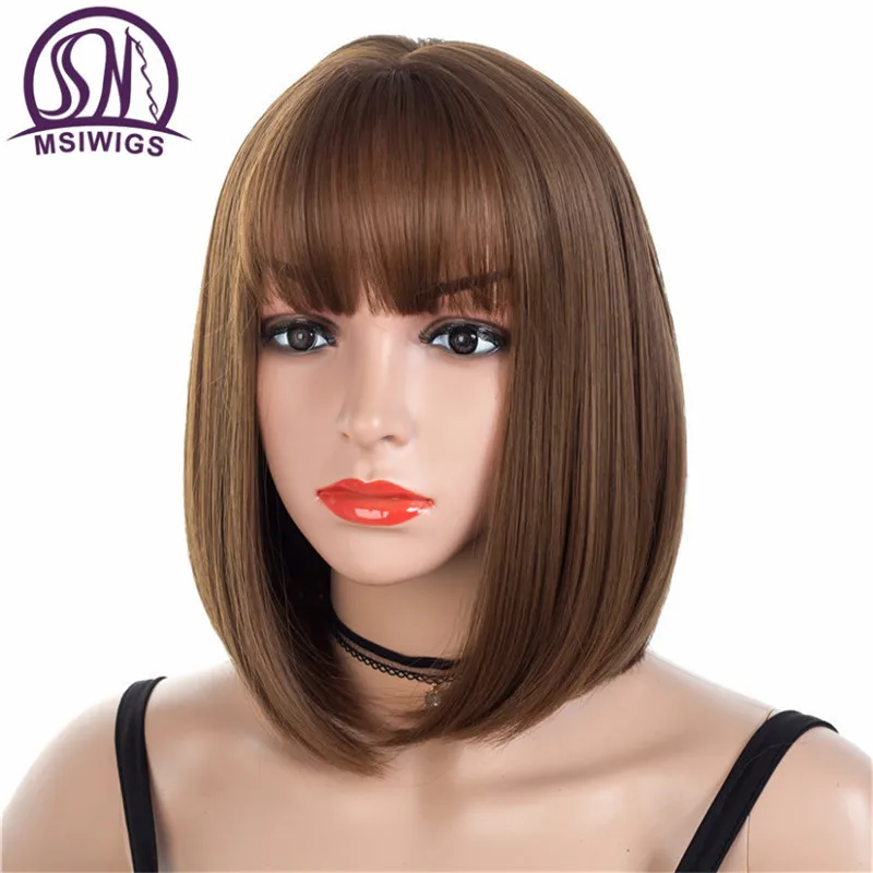 Цена MSIWIGS коричневый короткий парик Боб Стиль прямой синтетический черный женский парик с челкой 12 дюймов мягкие волосы блонд парик