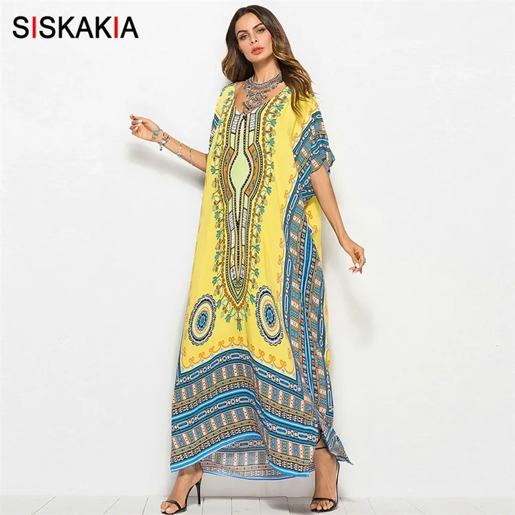Yellow dress Siskakia, летнее платье,, винтажное, этнический, геометрический принт, халаты, женское, повседневное, праздничное, Пляжное платье, свободные, рукав летучая мышь, халаты - Цвет: Yellow dress