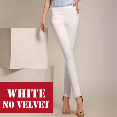 Женские брюки с высокой талией, зимние теплые бархатные офисные женские брюки, женские брюки-карандаш, женские повседневные брюки - Цвет: White no velvet