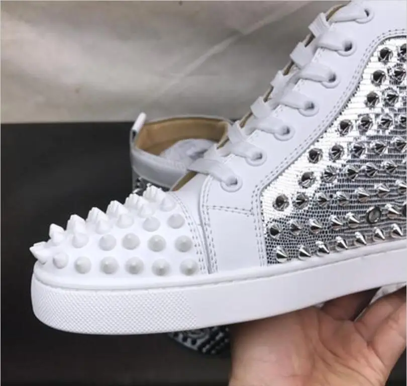 okkdey Designer Sneakers Red Bottom shoes white sliver spikes Luxury Shoes For Men Women Shoes Party Wedding Leather Sneakers