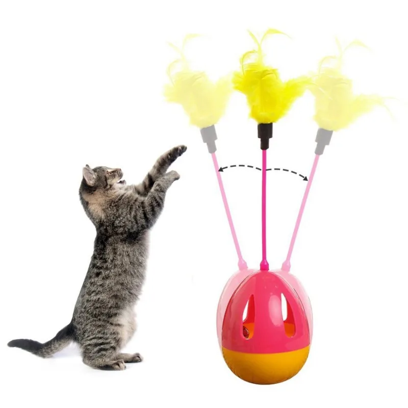 Interactive Funny Pet Cat Toys Tumbler Ball Toy Funny Teaser Wobble Toy with Color Feather 2018