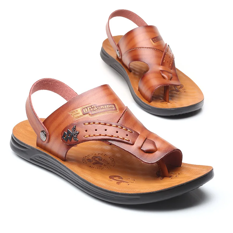 

2019 New Summer Genuine Leather Men's Casual Sandals Classic Beach Male's Slippers With Metal Decoration Large Size 38-48 Shoes