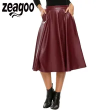 Zeagoo Для женщин с эластичной резинкой на талии из искусственной кожи до середины икры плиссированная юбка до середины икры Длина Однотонная повседневная обувь вечерние Миди-юбки Для Женщин Saia