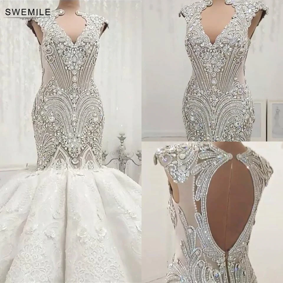 Vestido De Noiva роскошное бисер Кристалл свадебное платье великолепные открытые сзади Свадебные платья Кружева аппликации свадебное платье в стиле "Русалка"