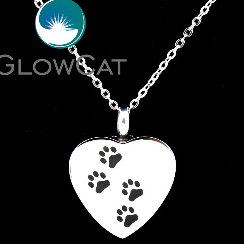

K521 Enamel Dog Paw Print Heart Necklace Memorial Keepsake Cremation Steel Container Locket Pendant Pet Bone Ash Urn Necklace