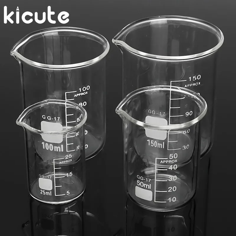 

Kicute 4Pcs/set 25ml 50ml 100ml 150ml Glass Beaker Graduated Transparent Borosilicate Glass Beaker School Study Lab Supplies